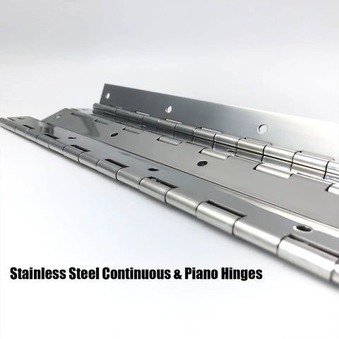 Close-up of four stainless steel 18-inch continuous and piano hinges, polished, heavy-duty