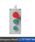 Metal push-button control box with red emergency switch and two green buttons; explosion-proof, waterproof.