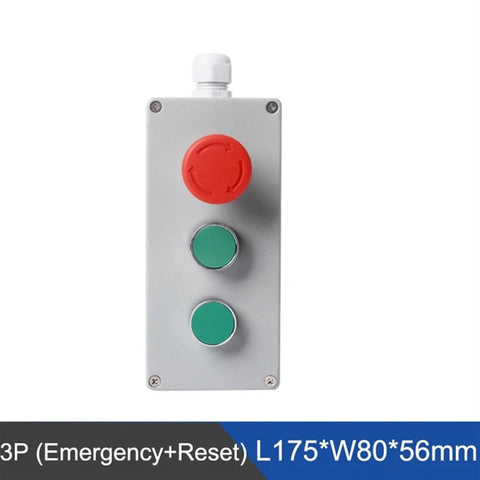 Front view of metal push-button control panel with red emergency stop and two green buttons; silver enclosure with top cable gland