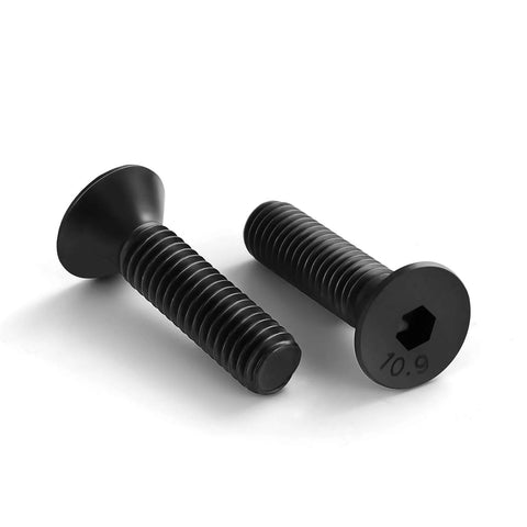 M3 0.5 X 10mm Flat Head Socket Cap Screws Countersunk Bolts Alloy Steel Class 10.9 Black Oxide Finish DIN 7991 Fully Threaded Corrosion Resistant Ideal for Automotive Machinery DIY Projects 100 Piece Pack, two screws displayed.