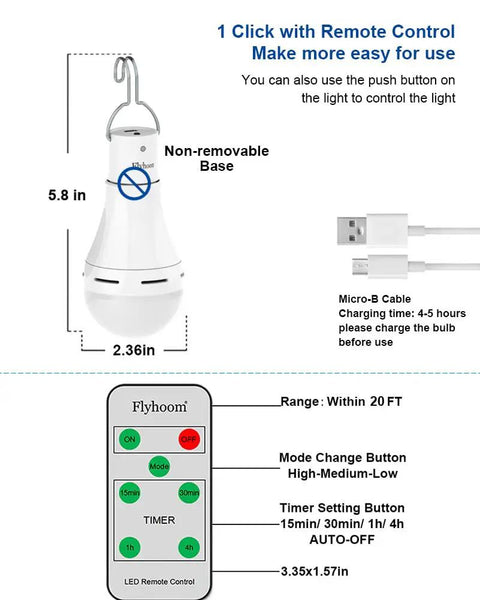 Diagram of USB Rechargeable LED Light Bulbs with Remote Control, 5.8 inch height, 1200mAh battery for camping.