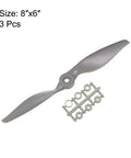 CW 8x6 Inch Nylon RC Propellers 2 Vane For Airplane Gray 3 Pack With Adapter Rings displayed on white background