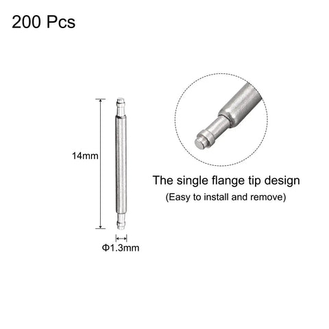 Top Shelf Stainless Steel Watch Spring Bar Pins for 12mm Watch Bands, 14mm length, single flange tip design, 200 pcs set.