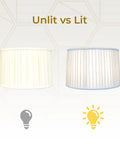 Unlit vs Lit comparison of Shallow Drum English Box Pleat Lamp Shade 15 x 16 x 10 Inches Eggshell Silk Type Shantung Fabric.
