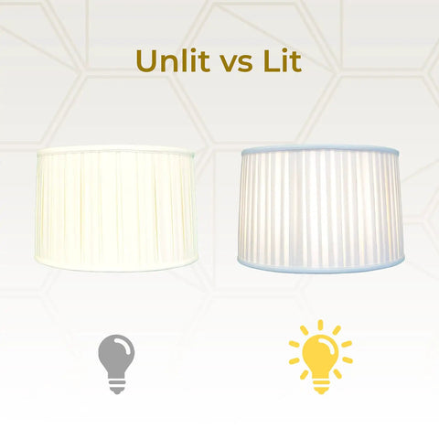 Unlit vs Lit comparison of Shallow Drum English Box Pleat Lamp Shade 15 x 16 x 10 Inches Eggshell Silk Type Shantung Fabric.