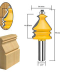 Half Inch Shank Router Bits Set Five Piece Pro Grade For Architectural Picture Frame Molding Cabinet Wood Milling And Miter Work Carbide CNC Cutting Tools For Doors And Tables, showing a single yellow router bit with 1/2 inch shank and dimensions, used for creating wooden molding.