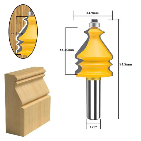 Half Inch Shank Router Bits Set Five Piece Pro Grade For Architectural Picture Frame Molding Cabinet Wood Milling And Miter Work Carbide CNC Cutting Tools For Doors And Tables, showing a single yellow router bit with 1/2 inch shank and dimensions, used for creating wooden molding.