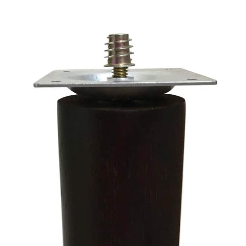 Level Up Your Home Decor With This Legit Heavy Duty Furniture Leg Mounting Hardware Kit Featuring 5/16-18 Thread Plates on wooden leg.