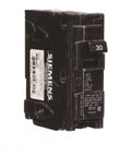 Single Pole Thirty Amp QP Circuit Breaker For One Twenty Volt Load Panels With Ten Thousand Amp Rating. Side view, black plastic housing.