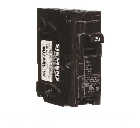 Single Pole Thirty Amp QP Circuit Breaker For One Twenty Volt Load Panels With Ten Thousand Amp Rating. Side view, black plastic housing.