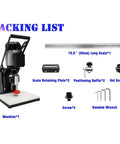 Front view of portable hinge drilling machine with base, black frame, silver motor, and 19.6-inch ruler with accessories.
