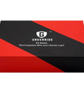 Packaging box for Greerride X4 Series Rechargeable Bike and Helmet Light in black and red design.