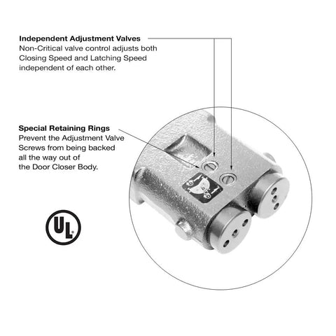 Medium Duty Hold Open Overhead Concealed Door Closer Body Only That Swaps Right In For Jackson Style Models Gets The Job Done With Templates And Instructions Included showing adjustment valves close-up.
