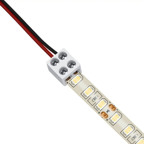 25 Pack Solderless 2 Pin LED Tape Light Connectors Screw Down Terminal Block Tape To Wire For 5V 12V 24V White Single Color Strip Lights 8mm High Current Up To 6A shown connecting LED strip to wire
