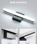 Slim 16 Inch LED Vanity Light Bar Over Mirror For Restroom IP44 Waterproof 9W Cool White 6000K Non Dimmable Makeup Lighting Fixture with steel base and acrylic body.