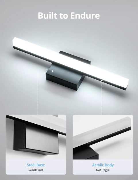 Slim 16 Inch LED Vanity Light Bar Over Mirror For Restroom IP44 Waterproof 9W Cool White 6000K Non Dimmable Makeup Lighting Fixture with steel base and acrylic body.