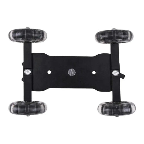 Top view of 4 Wheel Camera Dolly On Track For Smooth Shots with silica gel wheels, black aluminum base, tabletop video slider.