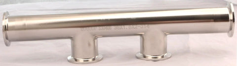 Side view of 1.5-inch stainless steel Tri-Clamp manifold, 2-port, polished 304 sanitary fitting.
