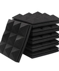 Rock Solid Acoustic Foam Panels 6 Pack Pyramid Soundproof Wall Decor 12X12X2 Inch stacked black foam tiles for sound dampening.