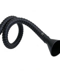 Shop Grade Industrial Welding Fume Extraction Arm With Flexible Exhaust Tubing And Matte Black Round Capture Hood for Soldering Smoke Vent Setup, curved exhaust tubing.