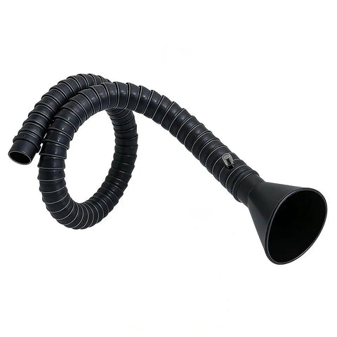 Shop Grade Industrial Welding Fume Extraction Arm With Flexible Exhaust Tubing And Matte Black Round Capture Hood for Soldering Smoke Vent Setup, curved exhaust tubing.