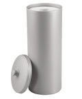 Discreet Floor Standing Toilet Paper Holder With Lid For 3 Extra Rolls In Silver, lid off showing roll inside