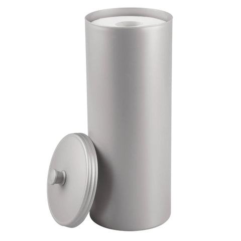 Discreet Floor Standing Toilet Paper Holder With Lid For 3 Extra Rolls In Silver, lid off showing roll inside