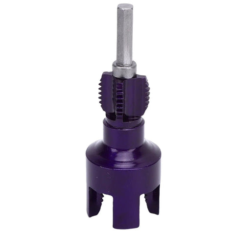 LiebeWH Integrated Pipe Threading Tool With Dual Function Design For Cutting Precis Accurate Threads On 1/2 And 3/4 Inch Pipes Using Standard Electric Drill Ideal For Durable PVC Home Repair Projects, close-up view of purple pipe cutter.