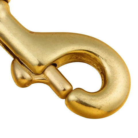 Close-up of heavy duty solid brass swivel bolt snap hook, single ended, built to last, 7/8 inch eye, 3.25 inch length, 4 pieces.