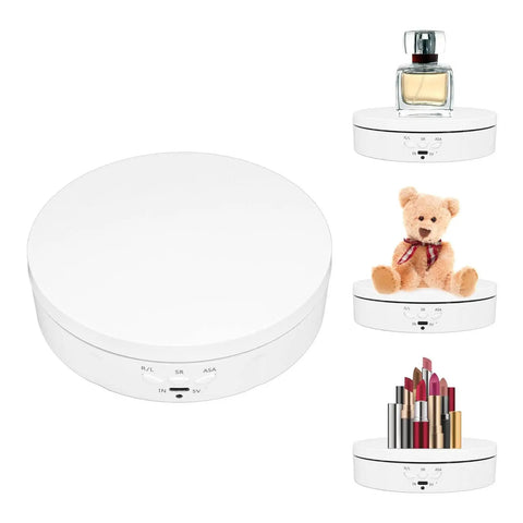Upgrade Your Product Shots With This Slick White Electric Turntable For Sparkly Jewelry Displays Featuring 360 Degree Glass Rotation And A Super Stable Motor Made For Pro Quality Photos Every Single Time, showing various items, with controls visible.