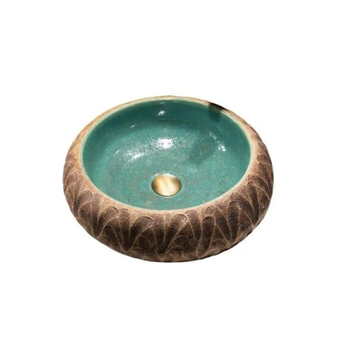 USZWBY Modern Round Vessel Vanity Sink Above Counter Basin Ceramic Wash Countertop Bathroom Art Balcony Simple in turquoise and textured finish.