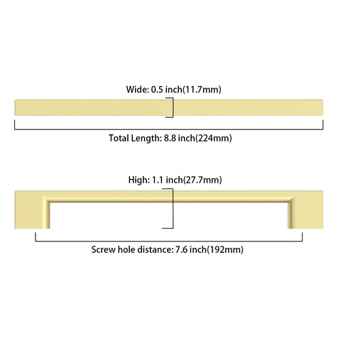 Diagram showing dimensions for 10 Pack 7.5 Inch Brushed Brass Cabinet Pulls, with measurements in inches and millimeters.