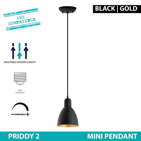 Priddy 1-Light Mini Pendant With Steel Shade Black And Gold For Kitchen Island Hallway And Dining Room Sleek Dope Modern LED Compatible