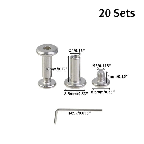 Twenty Sets Silver M3 X4mm Chicago Screws Stainless Steel Rivets With Metric Hex Key, showcasing fasteners and hex key size details.