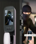 Total Game Changer Outdoor Security Gate Featuring Quick Swipe Fingerprint Lock shows a video door lock with a burglar on display.