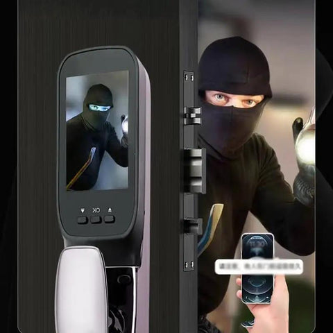 Total Game Changer Outdoor Security Gate Featuring Quick Swipe Fingerprint Lock shows a video door lock with a burglar on display.