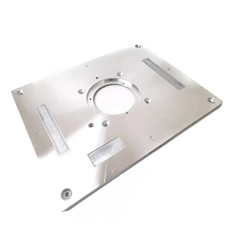 Premium Aluminum Router Table Insert Plate For Precision Wood Trimming Heavy Duty Clamp Base With Center Bushing, flat surface view.