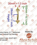 Nethaniah brass cabinet pull handle 6.1 inches with detailed measurements and Adonai Hardware branding.