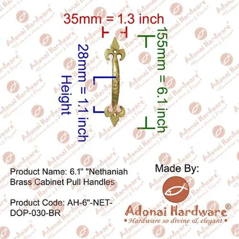 Nethaniah brass cabinet pull handle 6.1 inches with detailed measurements and Adonai Hardware branding.
