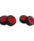 Close-up of 20 Pack Toy Wheels with 2mm Shaft Rubber Tires and 10 Round Rod Shafts for Do It Yourself Model Cars, RC vehicles, and more.