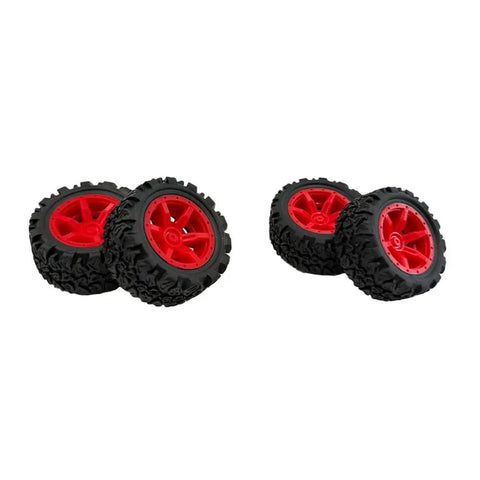 Close-up of 20 Pack Toy Wheels with 2mm Shaft Rubber Tires and 10 Round Rod Shafts for Do It Yourself Model Cars, RC vehicles, and more.