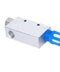 Rock Solid Heavy Duty Pneumatic Vacuum Generator With High Flow Air Ejector Design And Precision Pressure And Vacuum Gauges Made From Tough Aluminum Alloy To Handle Demanding Industrial Automation Jobs Without Breaking A Sweat - close-up of aluminum connector with blue tubing.
