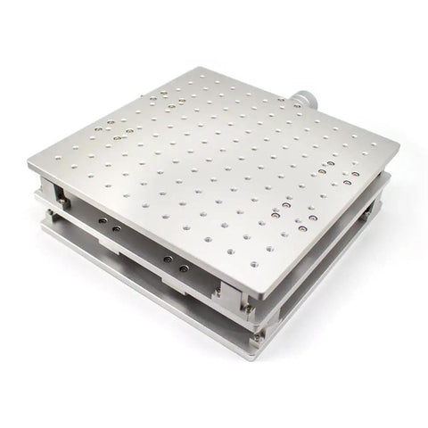 Heavy Duty Portable Welding Workbench With Smooth Xy Tracking, Versatile Marking And Engraving Base For Optics Projects, silver top view.
