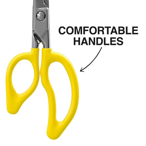 Electrician Scissors For Pros 6.75 Inch Heavy Duty Snips With Serrated Blades Non Slip Teeth, yellow ergonomic handles shown