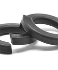 Two #2 regular split lockwashers, black oxide, medium-carbon steel, front view