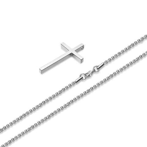Dope Silver Stainless Steel Cross Necklace For Men, 20 Inch Box Chain Pendant, Hypoallergenic And Lead Free Christian Jewelry