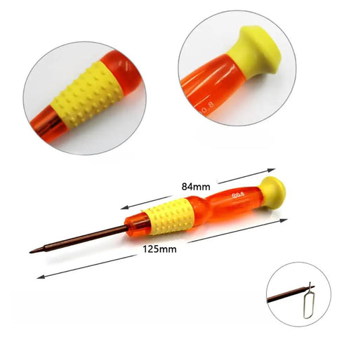 Orange and yellow screwdriver with measurements, part of Drone Repair Toolkit For DJI Mini 3 Pro 4 Pro And 5 Pro Drones With T5 And T4 Screwdrivers.