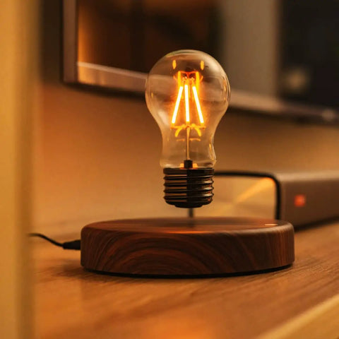 Levitating Bulb Lamp With Magnetic Floating Light for home office desk decor, bulb hovering above wooden base
