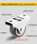 Image of 4 Pcs Mini Rigid Caster Wheels 1 Inch Low Profile Rubber Rolling Wheels With Steel Top Plate Non Swivel, highlighting screw fixing and rubber wheel.