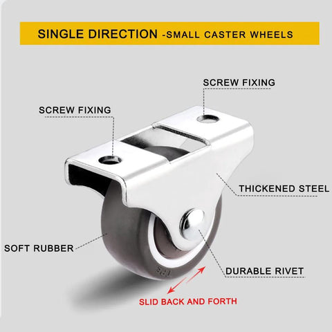 Image of 4 Pcs Mini Rigid Caster Wheels 1 Inch Low Profile Rubber Rolling Wheels With Steel Top Plate Non Swivel, highlighting screw fixing and rubber wheel.